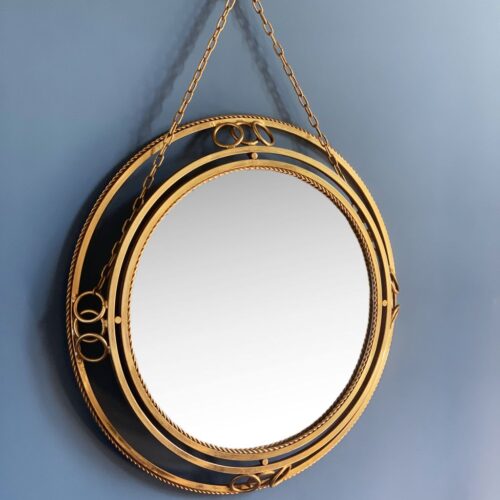 Espejo lámpara retroiluminado o aplique de pared con marco de acero dorado, estilo Imperio. Vintage Mid Century años 60.