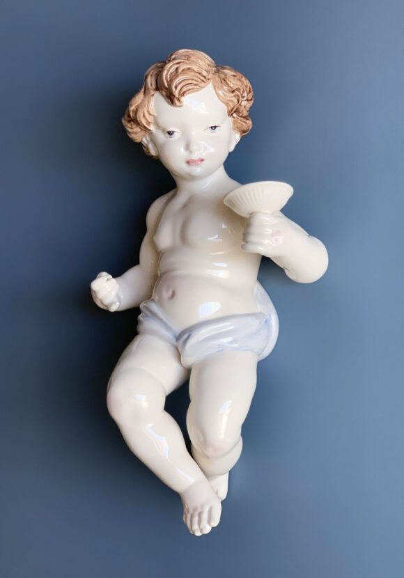 Aplique o figura de pared de cerámica de Manises. Niño o querubín, C. Hispania, vintage años 50s.