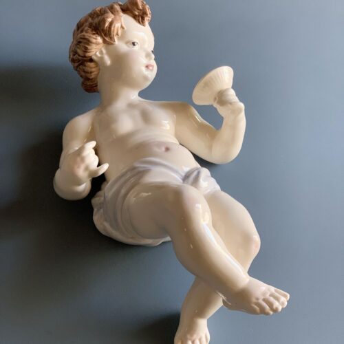 Aplique o figura de pared de cerámica de Manises. Niño o querubín, C. Hispania, vintage años 50s.
