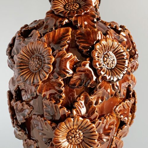 Gran lámpara de cerámica de Manises, en color marrón. Bondía, vintage 50s-60s.