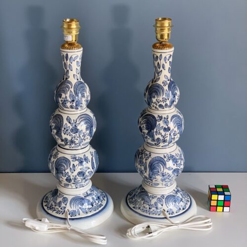 XXL Pareja de lámparas de cerámica pintadas a mano, faisanes y flores. Made in Spain. Vintage 50s.