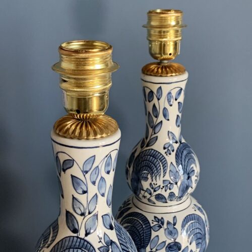 XXL Pareja de lámparas de cerámica pintadas a mano, faisanes y flores. Made in Spain. Vintage 50s.