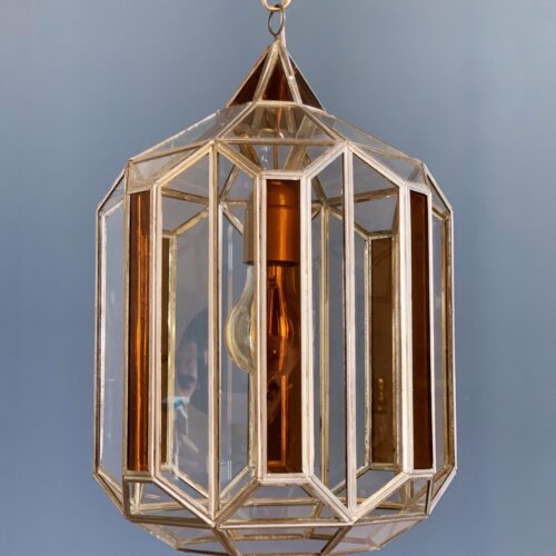 Lámpara farol granadino, en cristal transparente y ámbar. Artesanía de vidriera. Vintage años 70s.