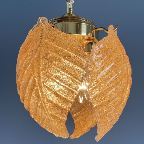 Murano Rugiadosso - Lámpara de techo con hojas de cristal ámbar, vintage años 70s. PAREJA DISPONIBLE.