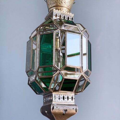 Lámpara farol granadino en forma de estrella, en color verde. Artesanía de vidriera. Vintage años 60s-70s.
