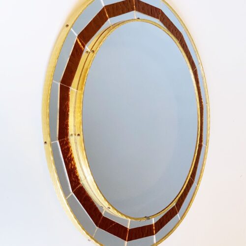 Espejo con marco de mosaico. Piezas de cristal espejado de color naranja. Vintage 60s.