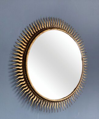 Espejo sol de acero dorado al pan de oro. Vintage años 60.